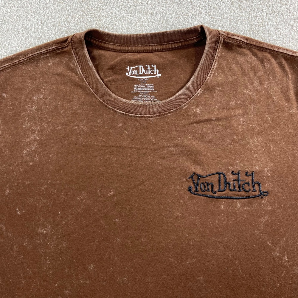 Von Dutch T-Shirt Mens L Brown Acid Wash Logo Graphic Short Sleeve Tee